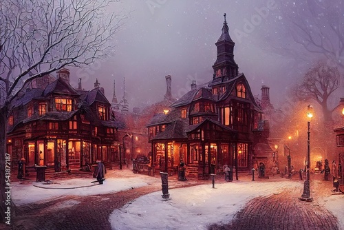 A fabulous winter town with old streets and Victorian style houses. Winter streets, lanterns, December. Winter festive Christmas decorations of the city. Card.