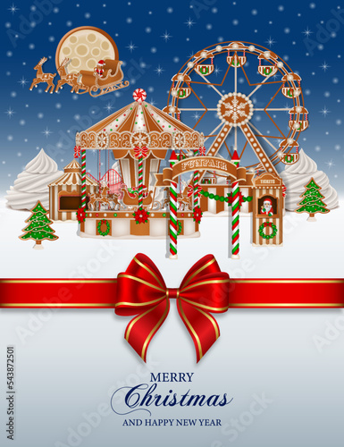 Christmas background with gingerbread funfair. christmas poster with gingerbread cookies and candies