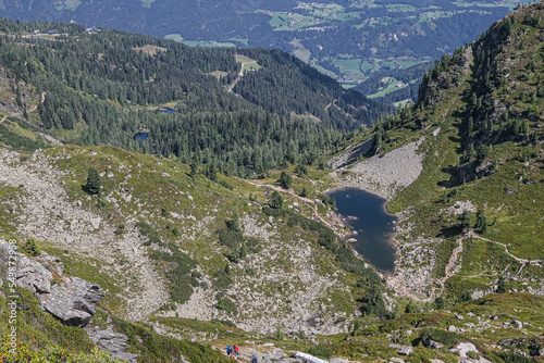 View of Spiegelsee [Mirror Lake] as seen on the trail from Gasselhohe to Rippetegg summits, Rieteralm, Schladming, Styria, Austria 