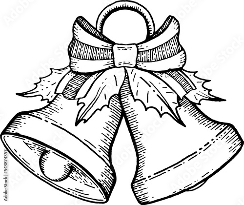 Christmas bell icon sketch. Vector door alert with holly mistletoe leaf and bow. Christmas jingle bell with tinsel ornament ring. Xmas sketch cartoon. Holiday illustration art. Engraved ribbon drawing