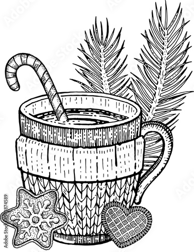 Christmas coffee chocolate hand drawn sketch. Hot cup drink. Irish Latte doodle vector illustration. Coffee chocolate, tea, cocoa, cappuccino milk, gingerbread, candy cane. Holiday mug. Christmas cup