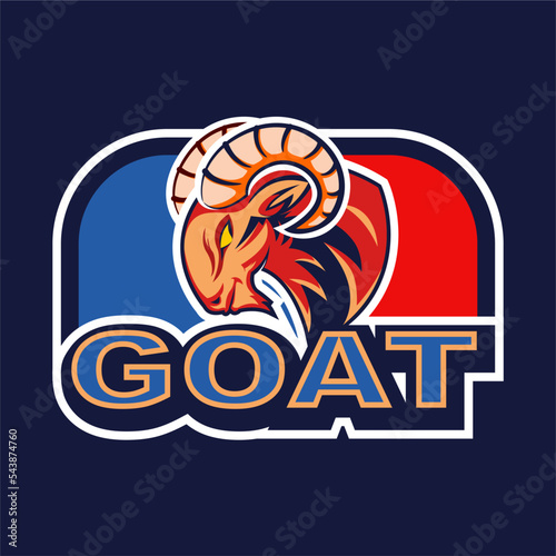 vector sport logo, illustration of the goat mascot on a red and blue field with bold writing goat underneath