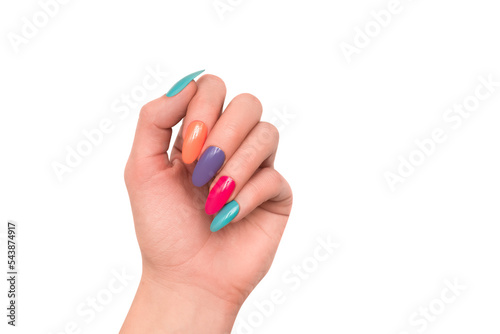 Female hand with colorful nail design. Glitter nail polish manicure: purple, green, pink and orange on transparent background. Png nails.