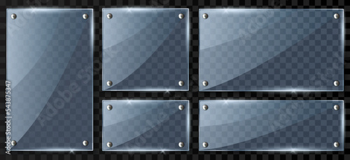 Set 3d realistic glass or plastic frame hanging with metal holders isolated on transparent background. Empty photo frame template, banner plexiglass holder mockup, rectangular name plate