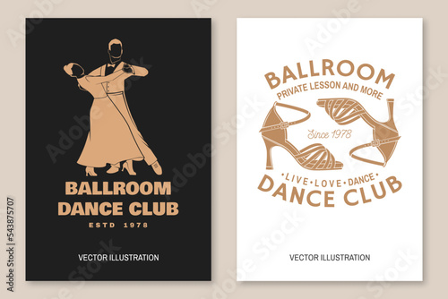 Set of Ballroom dance sport flyer, brochure, banner, poster. Concept for shirt or logo, print, stamp or tee. Dance sport sticker with shoes for ballroom dancing, man and woman silhouette. Vector.