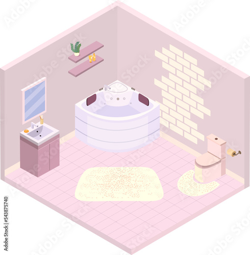 Bathroom in three-dimensional isometric isometry. Vector illustration of the interior of a room