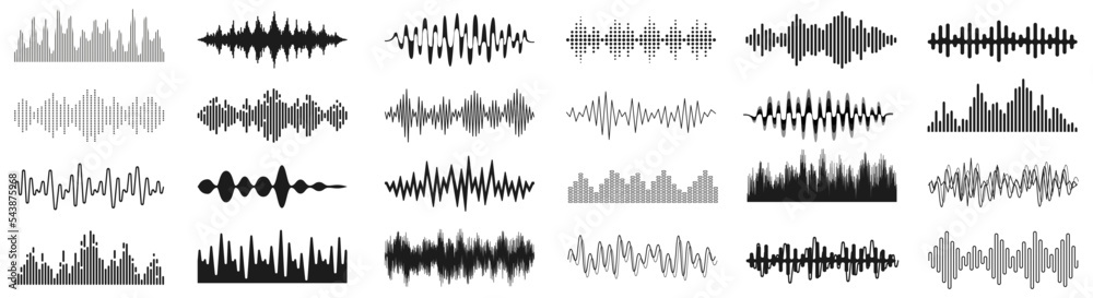 Set sound waves sign, musical sound wave collection icon, digital and analog line waveforms, electronic signal, voice recording, equalizer - vector