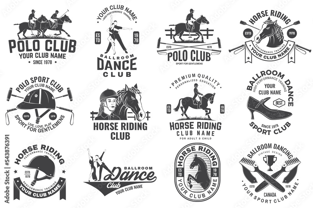 Set of polo club, horse riding, ballroom dance club badge, emblem, logo