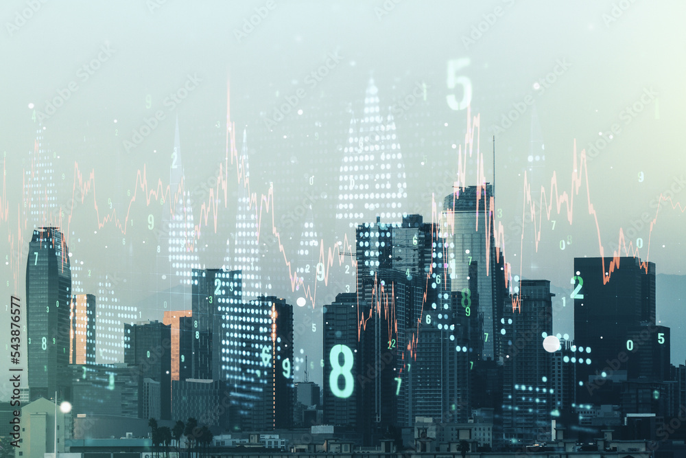 Multi exposure of abstract virtual financial graph hologram on Los Angeles skyline background, forex and investment concept