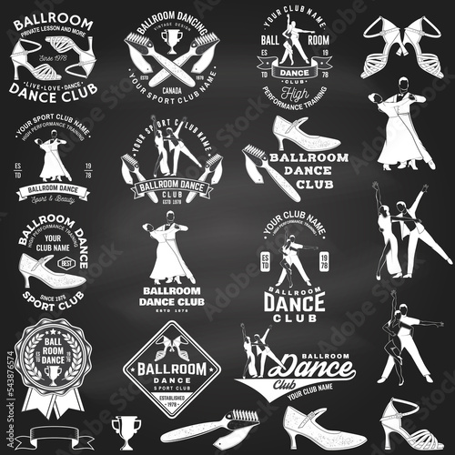Set of Ballroom dance sport club logos, badges on chalkboard. Concept for shirt or logo, print, stamp or tee. Dance sport sticker with shoes for ballroom dancing, man and woman silhouette. Vector.
