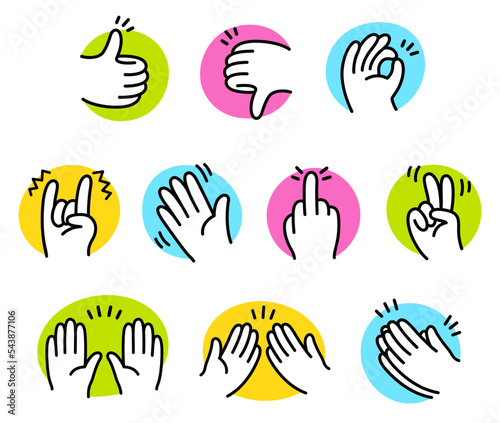 Cartoon hands gesture set. Simple hand drawn comic style icons on colorful backgrounds. 