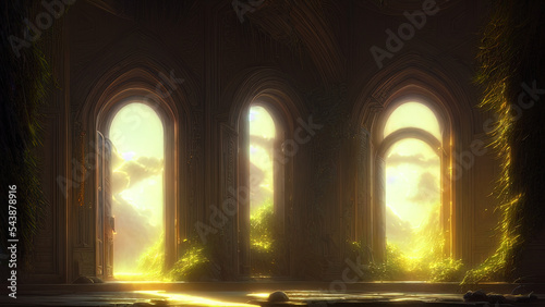 Large panoramic arched windows. Fantasy interior of the palace with windows to the garden. Rays of the sun, shadows. Majestic window. 