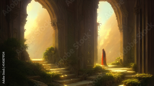 Large panoramic arched windows. Fantasy interior of the palace with windows to the garden. Rays of the sun  shadows. Majestic window. 