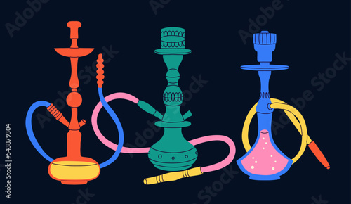 Calabash set. Modern drawing lounge bar or smoke shop elements, arabic tobacco smoking equipment. Hookah with glass flask and tubes, bright contemporary vector cartoon flat isolated illustration