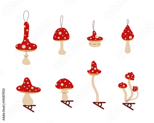Christmas and New Year baubles fly agaric mushroom ornaments set. Vintage Xmas amanita toys on rope and with clips. Retro figures for fir tree. Flat vector illustration