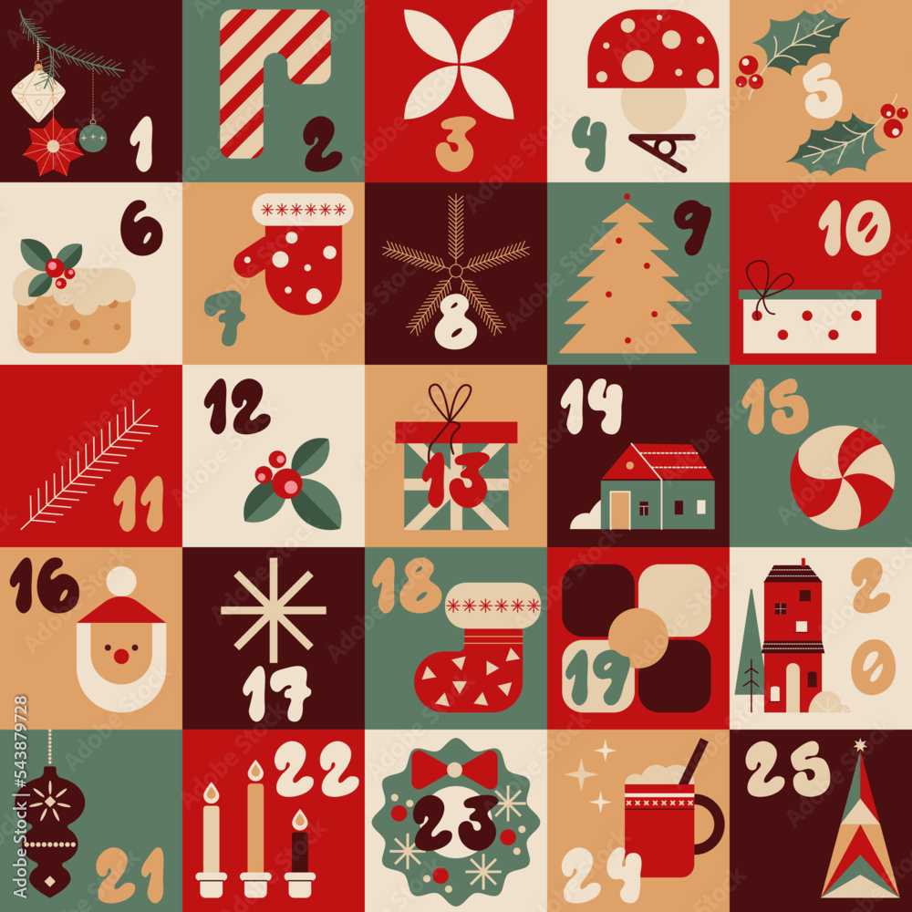 Christmas advent calendar with cute winter elements. Festive ornaments, candles, santa claus sock, mitten, gifts, houses, fir tree. December countdown printable poster Christmas advent calendar with cute winter elements. Festive ornaments, candles, santa claus sock, mitten, gifts, houses, fir tree. December countdown printable poster