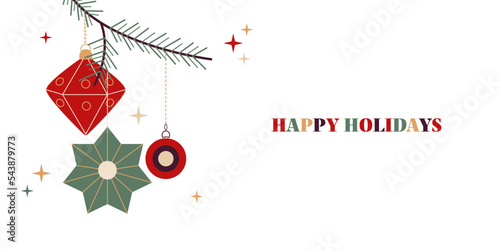 Merry Christmas Retro banner template with vintage ornaments, Xmas holiday baubles, tree decoration, festive New Year figures. Vector illustration in flat geometric cartoon style