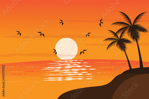 the view of the beach at sunset with the silhouette of the coconut tree