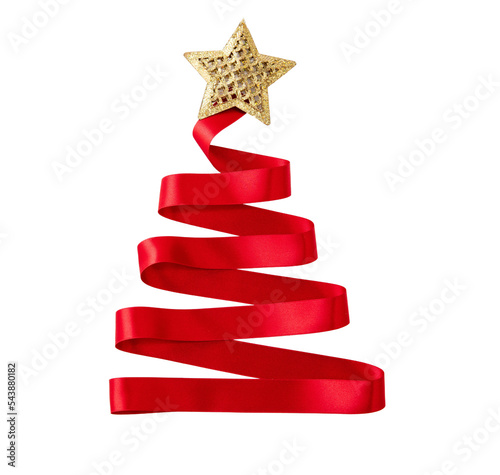 Christmas tree shape red ribbon isolated transparent background, PNG. Merry Xmas card template