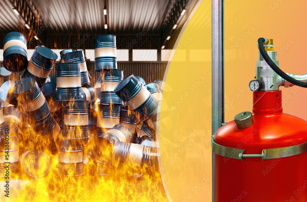 Warehouse fire extinguishing system. Barrels are engulfed in flames