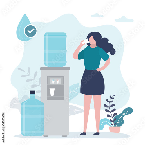 Happy woman drinking clean bottled water, purifying liquid from cooler. Office worker drinking water at time break. Healthy lifestyle. Pure aqua from cooler. Tanks with water.