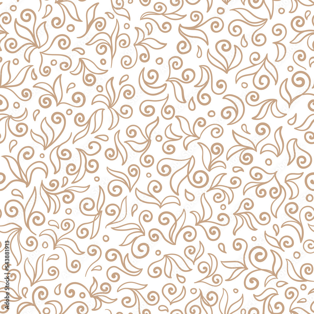 Seamless pattern with abstract leaves and curls, beige line on white background. Hand drawn outline floral elements. Monochrome vector print for interior textile and wallpaper design.