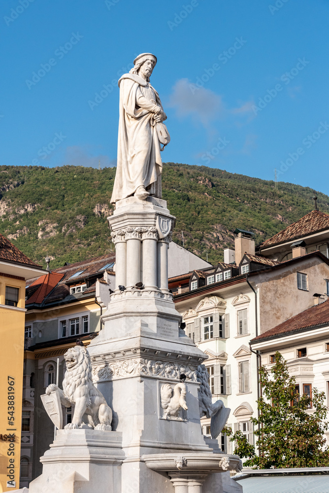 Statue of mediaeval singer Walther von der Vogelweide in downtown Bolzano, autonomous province of South Tirol