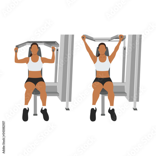 Woman doing a shoulder press exercise on a weight machine exercise. Flat vector illustration isolated on white background