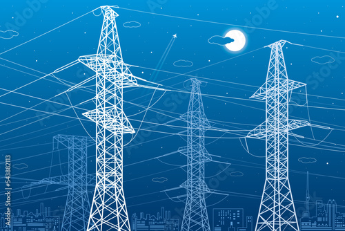 High voltage transmission systems. Electric pole. Power lines. A network of interconnected electrical. White otlines on blue background. Vector design illustration