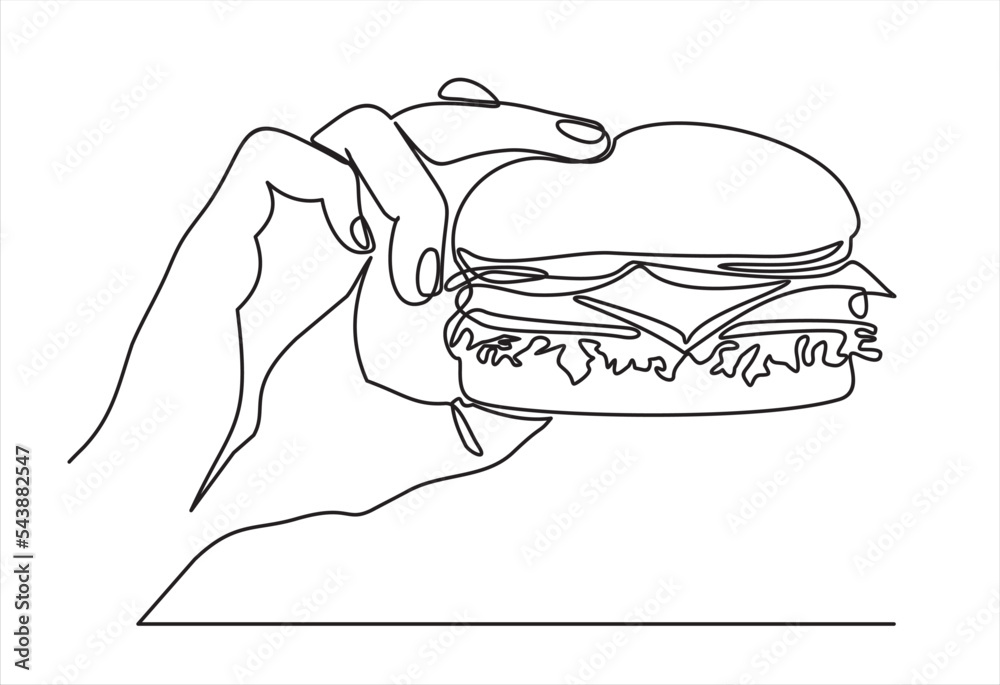 Continuous one line drawing of Hand holding a burger. Hamburger or sandwich outline sketch. Fast food concept. Vector illustration. Continuous one line drawing of Hand holding a burger. Hamburger or sandwich outline sketch. Fast food concept. Vector illustration.