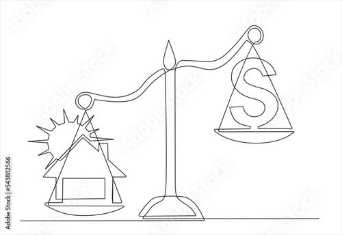 Single one line drawing house and dollar sign scales concept with house on one side and dollar sign on the other. Sale and purchase concept. Continuous line draw design graphic vector illustration