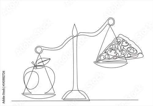 continuous one single line of mechanical scales with apple and pizza. One continuous line art style