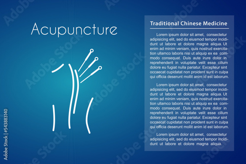 Acupuncture needle massage therapy linear medical icon on blue background. Vector illustration of woman's back with acupuncture needles