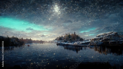 Beautiful landscape, northern lights, snow covered trees and lake, winter wonderland, Christmas card © FantasyEmporium