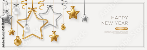 Foto Merry Christmas and Happy New Year 2023 Border Frame, White Background with Silver and Gold Hanging Stars Baubles