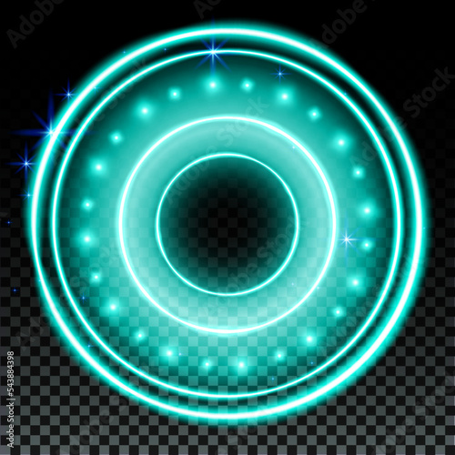 Green hologram portal. Magic fantasy portal. Magic circle with halo effect. Vector green glow scifi teleport with sparks and hologram, technology background.