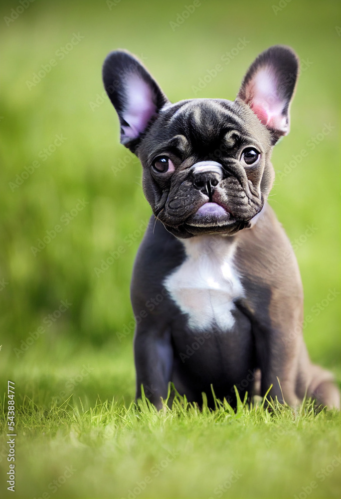 cute little french bulldog sitting on a green grass
