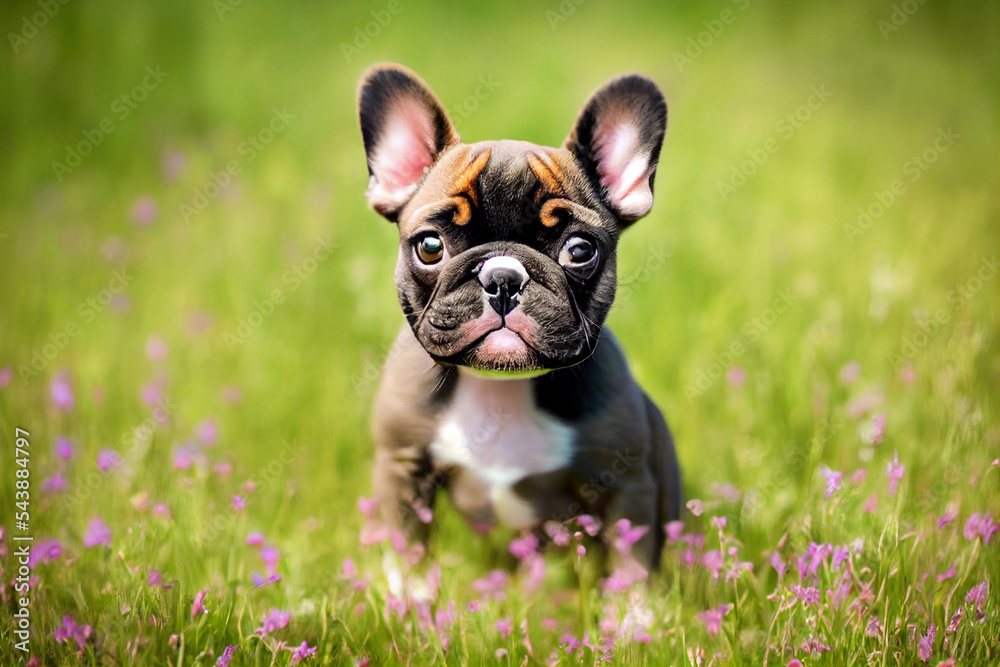 sweet little french bulldog sitting on a colorful meadow