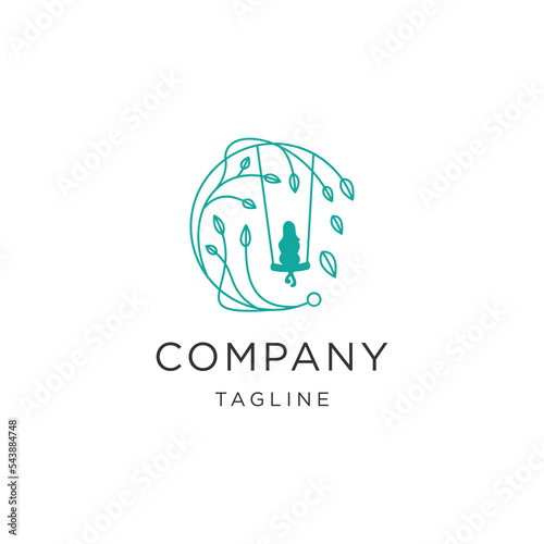 Leaf swing girl line with nature flower logo design template flat vector