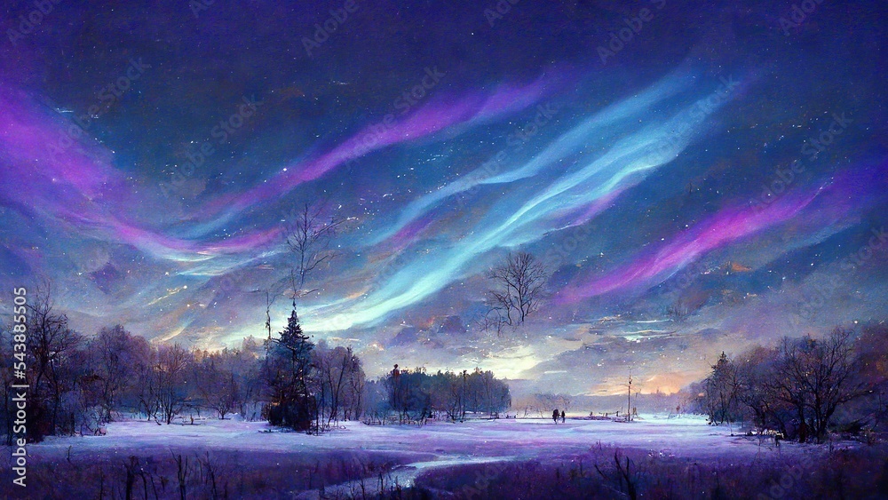 Northern lights, aurora borealis, winter landscape with snow, Christmas card scene 