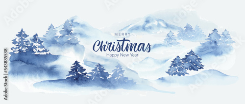 Winter nature background. Blue watercolor landscape with snowy hills, trees, forest. Christmas greeting card.