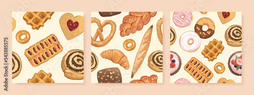 Set of seamless pattern with hand drawn bakery products. Watercolor realistic detailed vector illustration of baguette, croissant, cream cake, cupcake and donuts