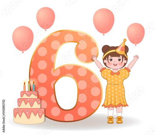 6 years birthday. Birthday girl, cake and balloons. Adorable six year old girl celebrating her birthday, colorful cartoon character vector Illustration. Children's birthday. Big number six.