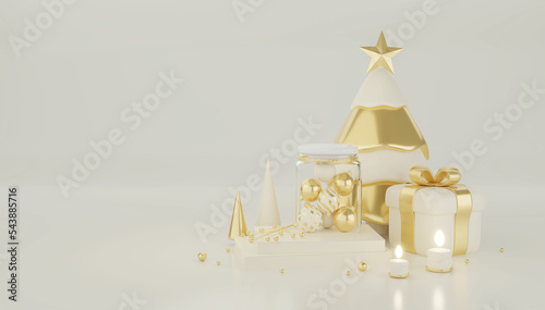 3D Christmas and New Year background.Luxury Style and Golden gifts box. Gift boxes hanging on ribbon. Ball, Gift boxes, Christmas tree, Jar, Book.