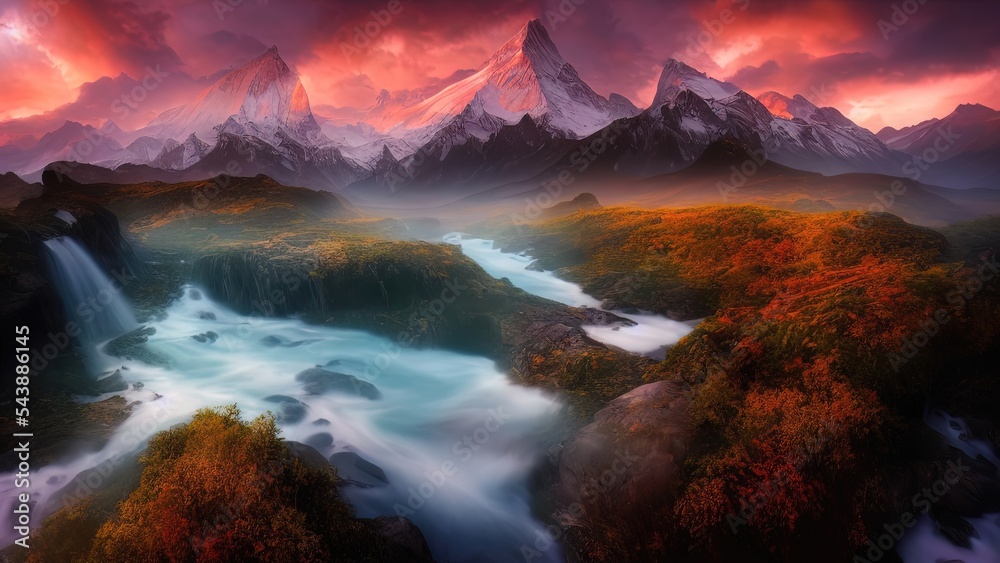Beautiful landscape with mountains at sunset, mountain river and waterfall. Fantasy mountain landscape. Neon bright sunset.