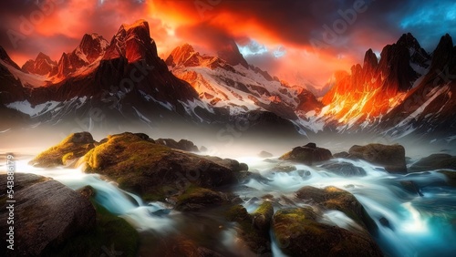 Beautiful landscape with mountains at sunset, mountain river and waterfall. Fantasy mountain landscape. Neon bright sunset.