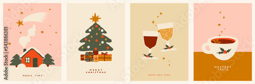 Collection of New Year's and Christmas posters. Winter House, fir tree, sparkling wine glasses and Cocoa mug photo