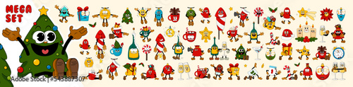 Mega set of comic characters in retro cartoon style. Cute comic gloved hands characters in cartoon 1930s style. Doodle Comic characters for holiday of the new year and christmas.