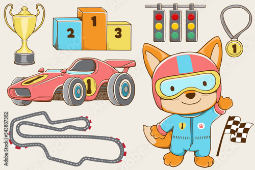 Vector illustration of hand drawn cute fox cartoon in racer costume with car racing elements © Bhonard21