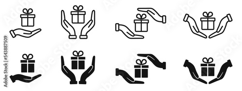 Gift box in hands set different icon, collection present gift signs, surprise gift box with ribbon, surprise New year, Christmas present box isolated - stock vector
